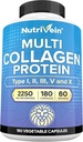 Nutriveinの優れた多コラーゲンの丸薬2250のmg - 180の容易に貯えられたコラーゲンのカプセル:タイプI、II、III、V、女性および人のためのXの加水分解蛋白質のペプチッド-老化、接合箇所、毛、皮、骨および釘