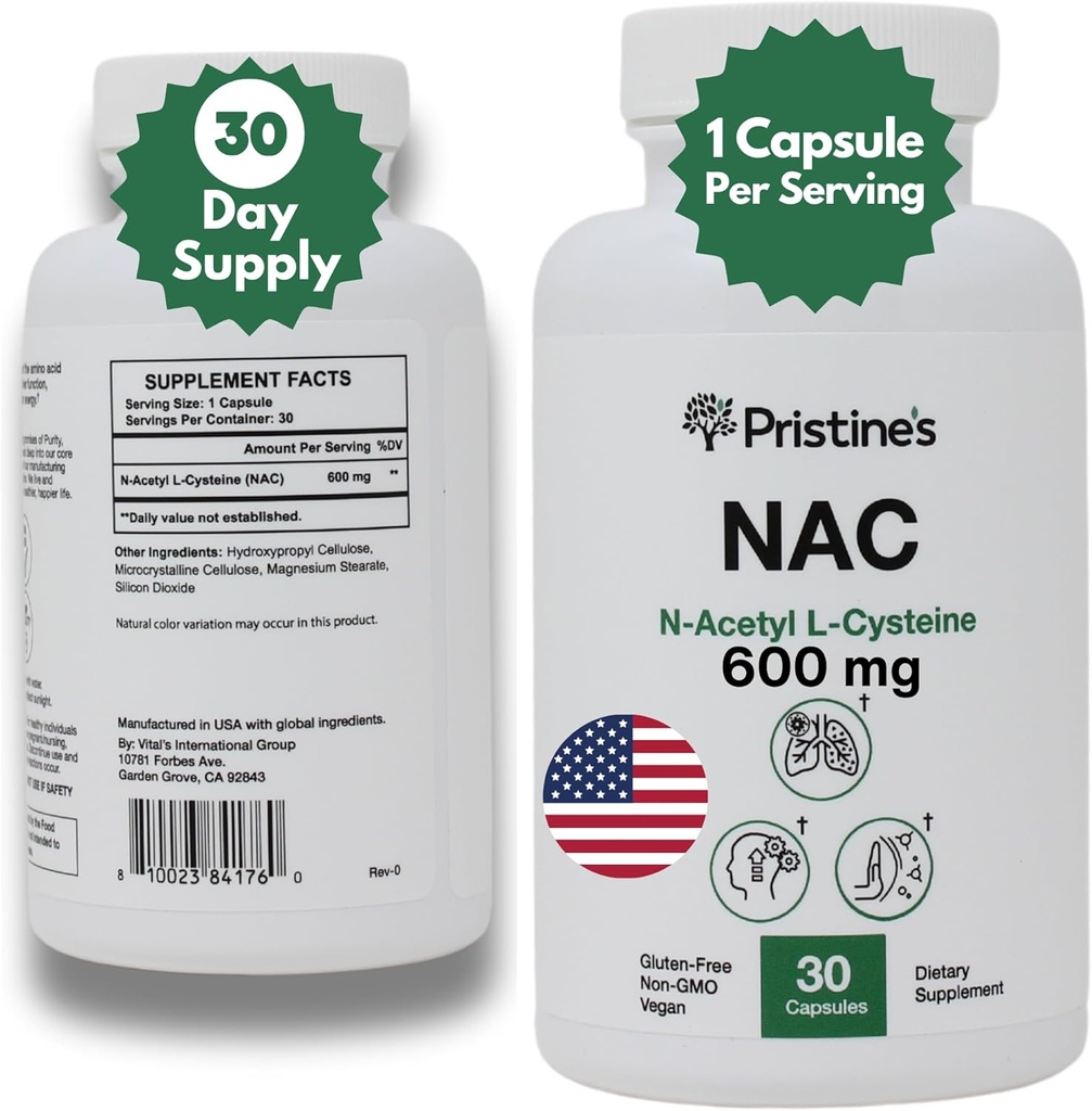 PRISTINE'S N-Acetyl L-Cysteine (NAC) 600MG 30日の供給のPotent Lung及び肝免疫の酸化防止補足のカプセル-気分及び精神的な健康サポート