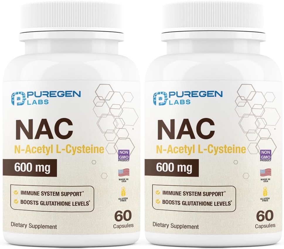 ピュアゲンラボN-アセチル-L-Cysteine(NAC) 600mg、サポート免疫、呼吸器、肝臓の健康、NAC 600mg、強力な酸化防止サポート、吸収しやすい - 合計120の野菜カプセル