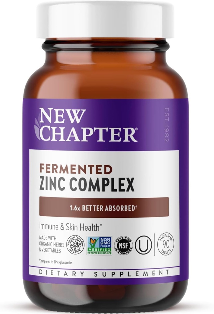 New Chapter Zinc Supplement, Fermented Zinc Complex, ONE Daily for Immune Support + Skin Health, Mineral-Balancing Formula Rich in Copper, Easy to Swallow & Digest, 90 Count (3 Month Supply)