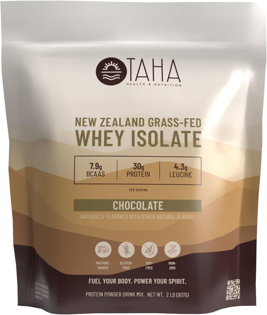 Taha Health & Nutrition Chocolate Whey Protein Isolate Powder, 30g Protein, 7.9g BCAAs, 4.3g Leucine | New Zealand Free-Range, Grass-Fed Dairy | Gluten-Free, Keto, Kosher | 2LB, ~24 Servings