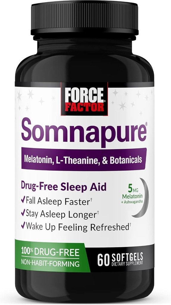 FORCE FACTOR Somnapure Softgels Sleep Aid へ Fall Asleep Faster, Stay Asleep Longer, Wake Up リフレッシュ, 睡眠 Aid for 大人 のために Melatonin, Ashwagandha, Valerian Root, and Lemon Balm, 60 Softgels