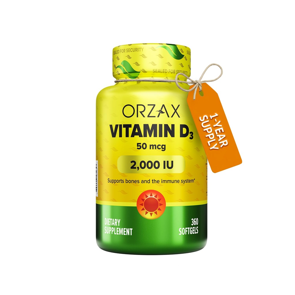 ORZAXビタミンD3 2000 iu(50 mcg) - 非GMO、グルテンフリー、砂糖無料、乳製品無料 - 強力な筋肉機能と免疫サポートのための1年の供給 - ウェルネスのための気分サプリメント(360 Softgel)