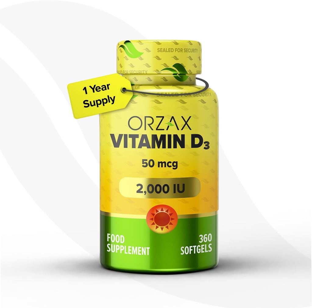 ORZAXビタミンD3 2000 iu(50 mcg) - 非GMO、グルテンフリー、砂糖無料、乳製品無料 - 強力な筋肉機能と免疫サポートのための1年の供給 - ウェルネスのための気分サプリメント(360 Softgel)