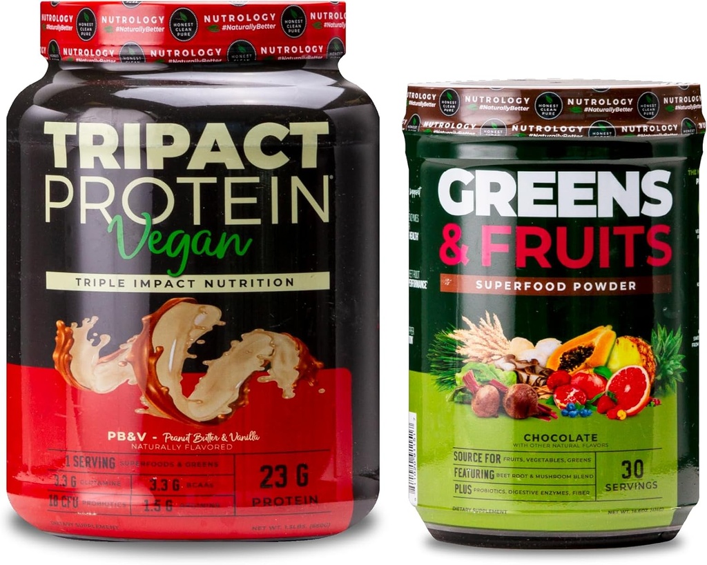 ナチュロロジーグリーン&フルーツパウダーナチュラルソーススーパーフード、チョコレート(30サービング) TRIPACTビーガンプロテインパウダー、ビーガンプロテインシェイク、ピーナッツバターバニラ(20サービング)