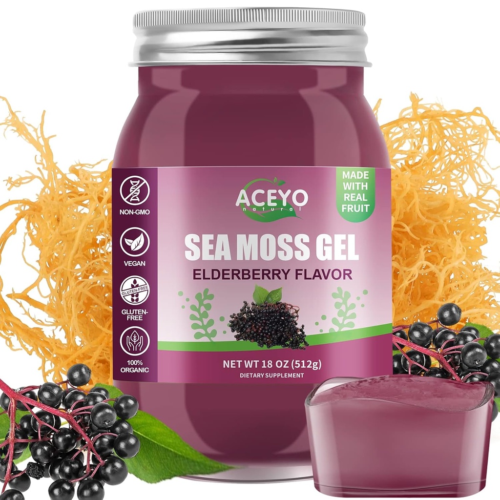 ACEYO (18 OZ) Irish Elderberry Sea Moss Gel Organic Raw Vegan Flavor 102 Vitamins and Minerals Wild Harvested Non-GMO Immune Defense Booster Thyroid Digestive Support