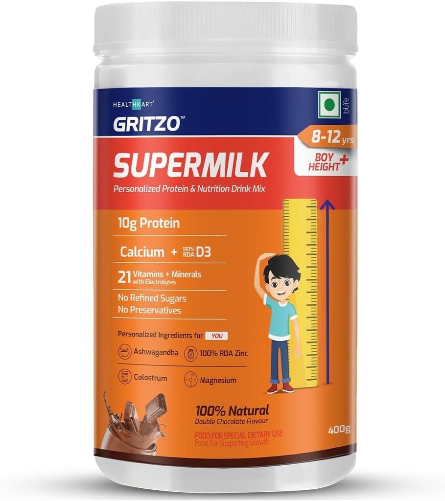 8-12Y男の子のためのATSのSupermilk Height+、子供のための個人化された健康飲み物、カルシウム+ D3,21のビタミン&ミネラル、ゼロによって精製される砂糖、100%の自然な二重チョコレート、400 Gの粉が付いている高い蛋白質(10 G)