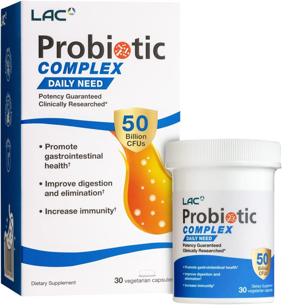 LAC Probiotic Complex 50 Billion CFUs | 消化器用サプリメント | 腸内細菌バランス、IBSサポート(30のベジタリアンカプセル)を復元するための活動的なプロバイオティクス