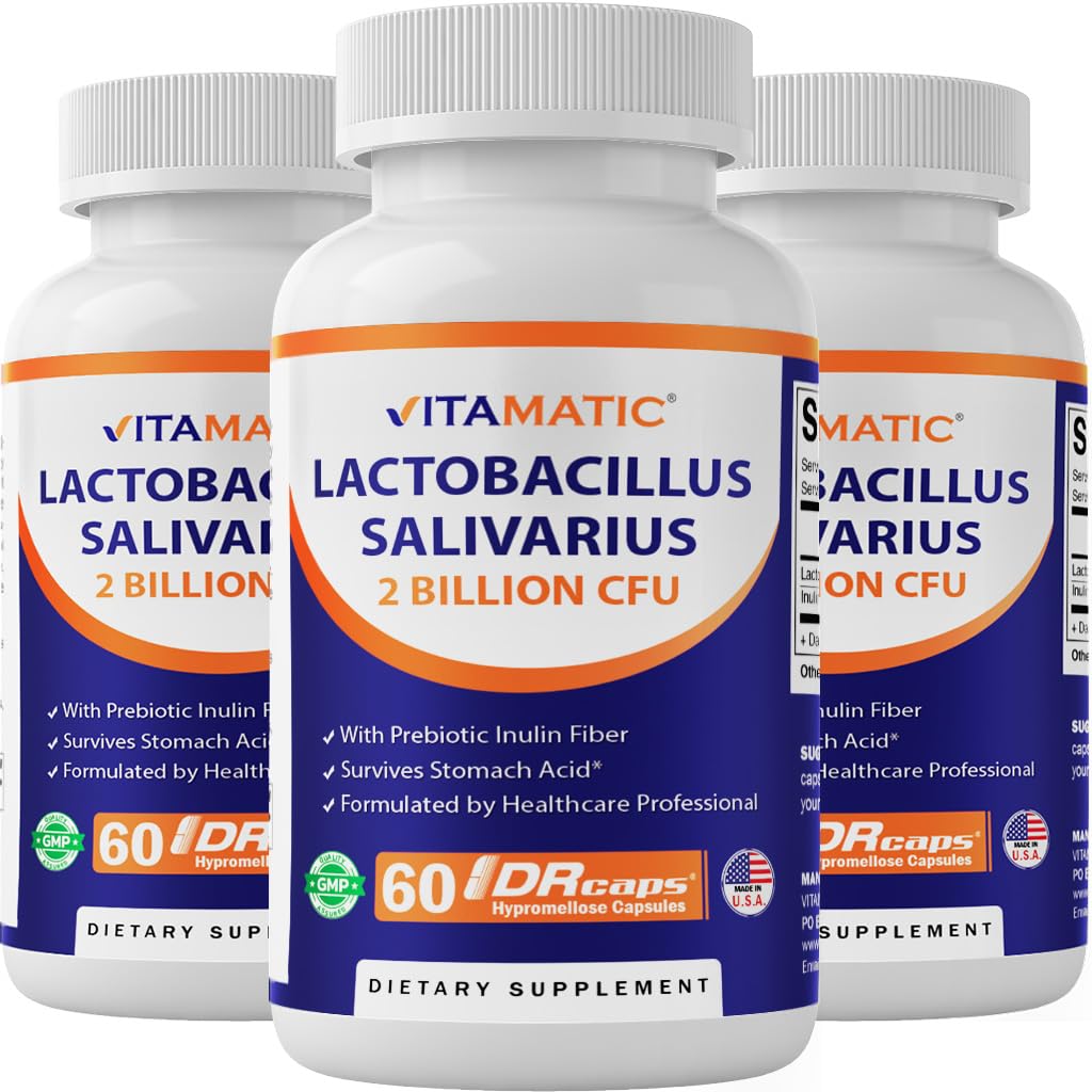 Vitamatic Lactobacillus Salivarius 2 Billion per DR カプセル - 60 カウント - 消化器系サポート - プレバイオティック インリン ファイバー製 (3 ボトル)