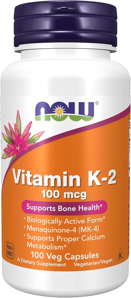 NOW Foods Supplements, Vitamin K-2 100 mcg, Menaquinone-4 (MK-4), Supports Bone Health*, 100 Veg Capsules
