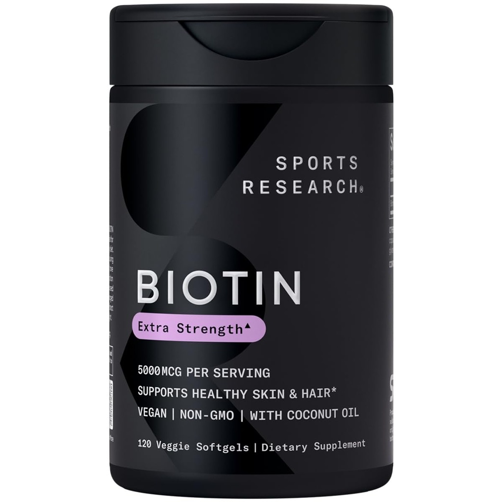スポーツリサーチ® ビオチン 5,000mcg オーガニックココナッツオイル - ビオチン(ビタミンB7) ヘルシー肌と髪のサポート* - ヴィーガン、非GMO、グルテンフリー - 120 ベジギーソフトジェル
