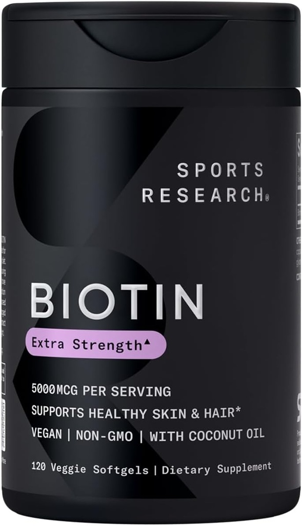Sports Research® Biotin 5,000mcg with Organic Coconut Oil - Biotin (Vitamin B7) for Healthy Skin and Hair Support* - for Women and Men - Vegan, Non-GMO, Gluten & Soy-Free - 120 Veggie Softgels