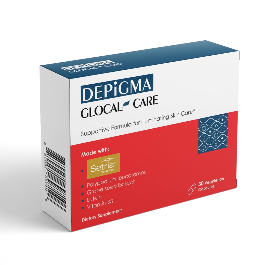 GlocalCare Depigmaは、グルタチオン、ポリポジウムロイコトモ、ブドウ種子&マリーゴールドエキスでHyperpigmentation、Melasma&ダークスポットの減少をサポート