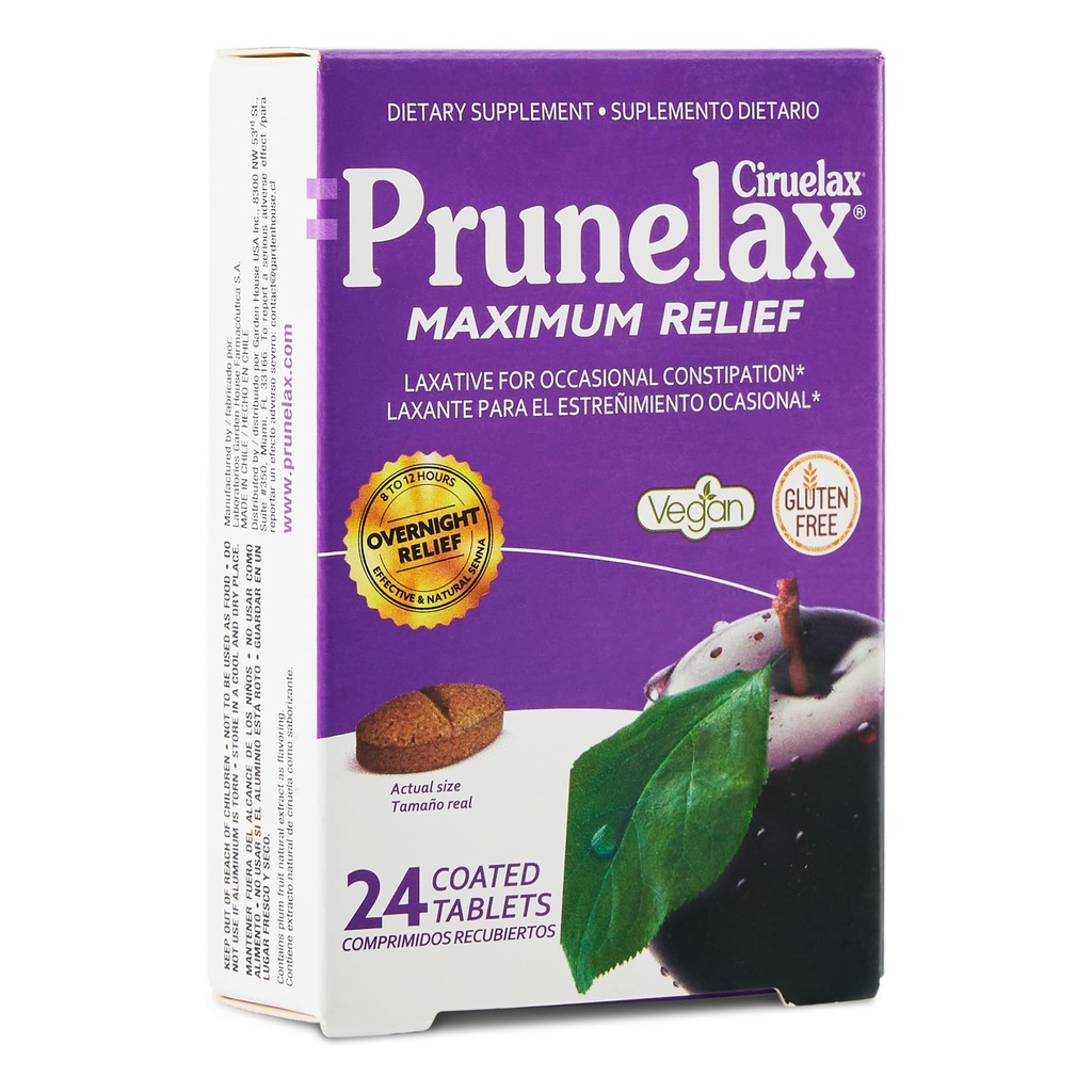 Prunelax Ciruelaxの最大リリーフラキサーティブタブレットと自然セナ便秘、セナエキス、ビーガン&グルテンフリー、穏やかな一晩救済 - 24カラット