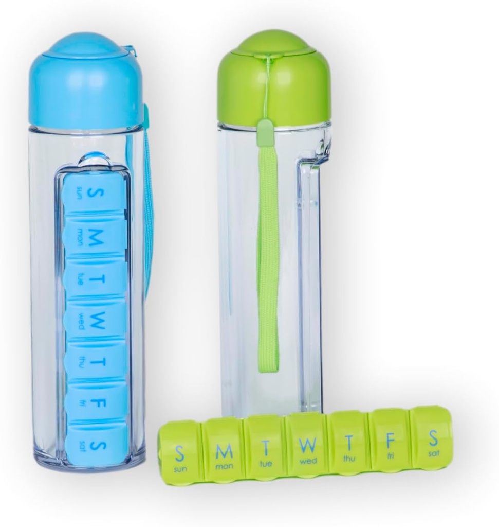 ウォーターボトルとピルオーガナイザー - 400ml旅行水ボトル7日週のピルケース - 無料のクリーニングブラシを備えた薬プランナービタミンホルダー。 スポーツと旅行に最適(青)