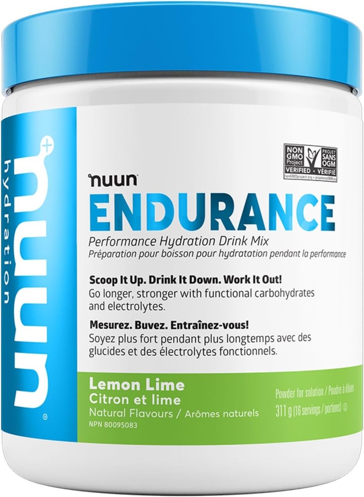 Nuun Hydration Endurance Powder, Lemon Lime, Workout Support,5 Essential Electrolytes for Hydration + Carbohydrates, Vegan, Non-GMO, (16 Servings - Canister)
