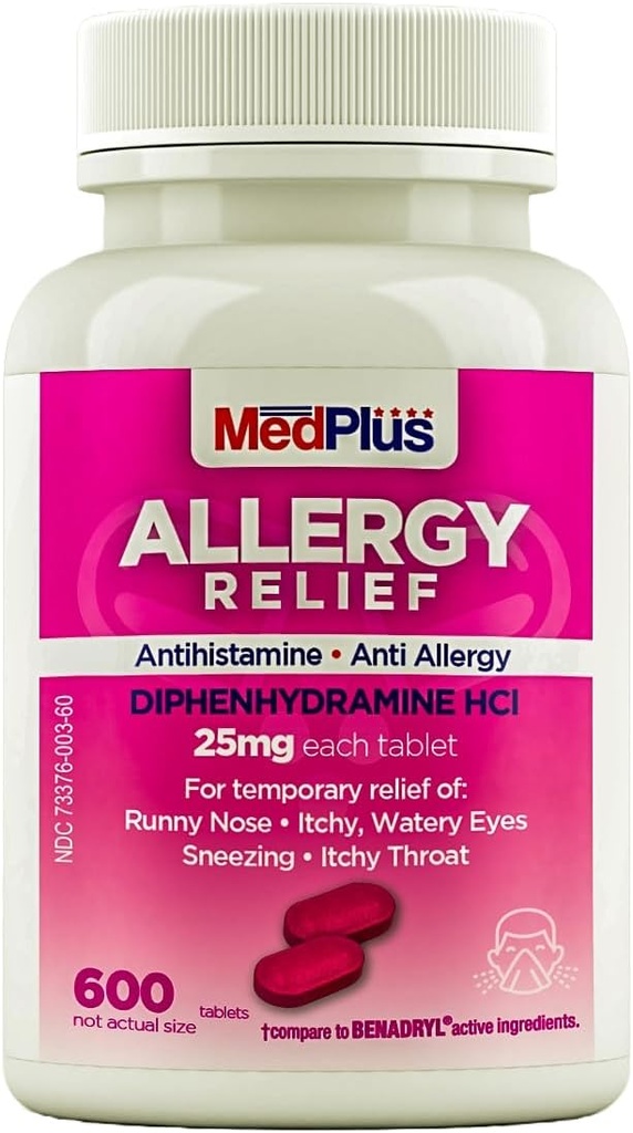 MedPlus アレルギー救済薬、25 mg、600錠 | ジフェンヒアラミン Hcl | 抗ヒスタミン | 屋内外アレルギー、ピンクのための救済