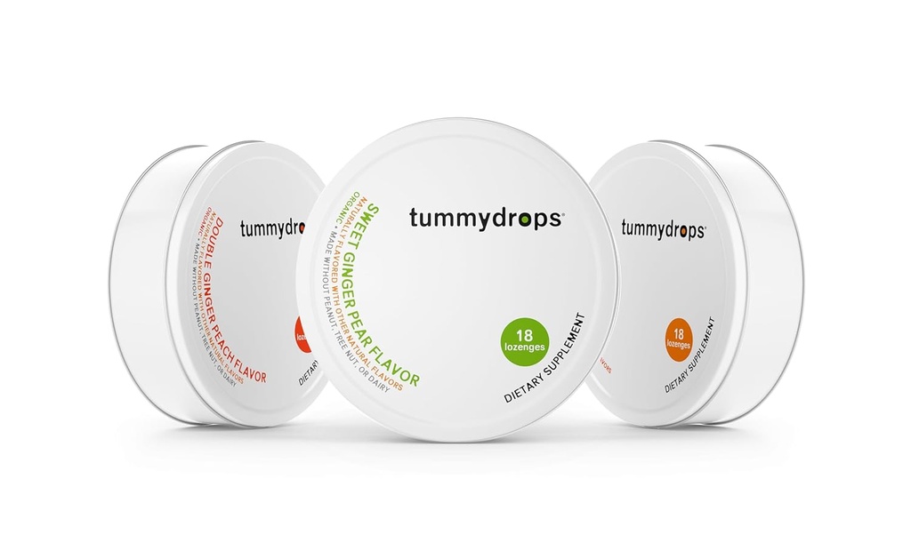 TummydropsオーガニックジンジャーGoodness Pack(1スピージージンジャー、スウィートジンジャーピア、ダブルジンジャーピーチ)。 グルテンフリー & ビーガン. 54 個人的に包まれた有機ジンジャーローゼンジ。