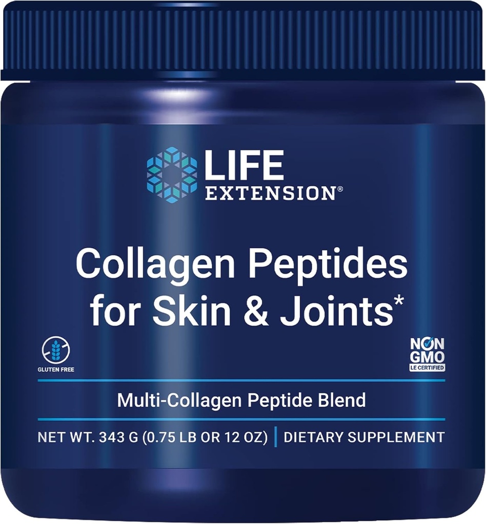 Life Extension Collagen Peptides for Skin & Joints, Collagen Types I, II & III in an Easy-Mix Powder, Gluten Free, Non-GMO, net Weight 343 Grams