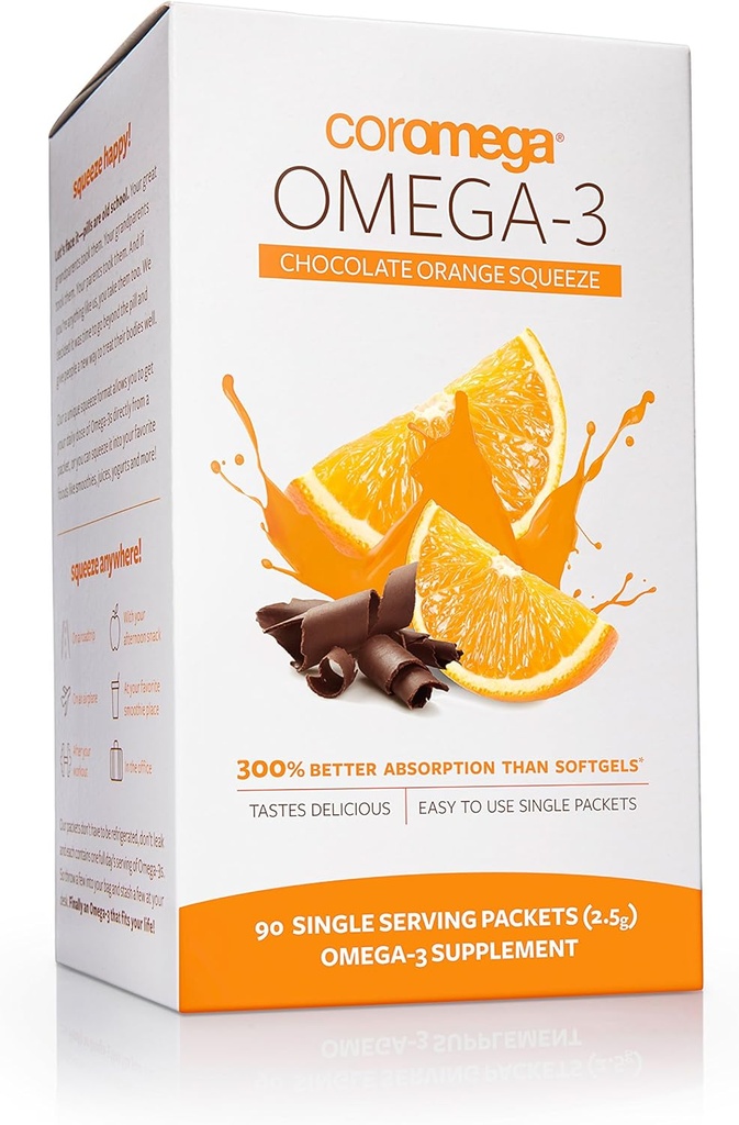 Coromega Omega 3の魚油の補足、3XのOmega-3sの650mgはSoftgels、チョコレート オレンジ味、90の単一のServe Squeezeのパケットより吸収をよくします