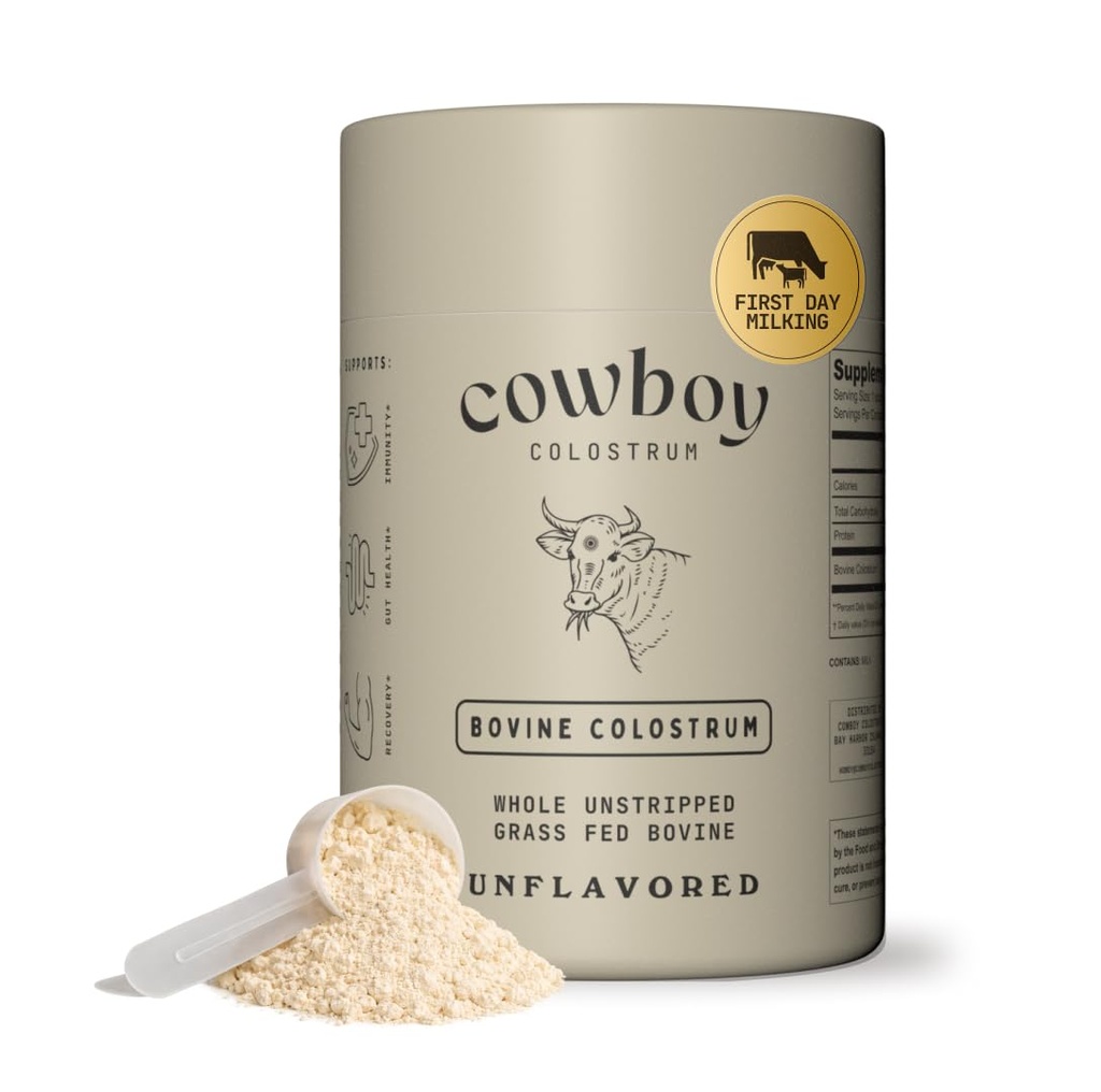 Cowboy - The Exclusive 1st Milking, Whole, Grass Fed Colostrum Supplement for Full Body Health - Bovine Colostrum Powder Packed w/Bioactive Nutrients - Sugar Free (Unflavored, 40 Servings)
