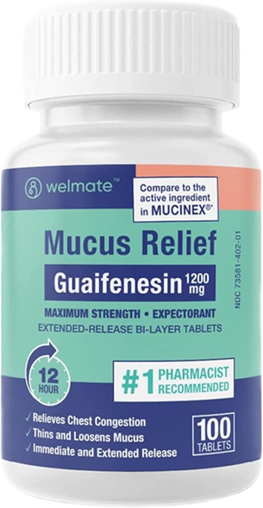 WELMATE - Mucusリリーフ - Guaifenesin 1200 mg最大強度 - 延長リリース Expectorant錠 - 明確な胸の混雑とLoosen Mucus - 12時間救済 - 100カウント