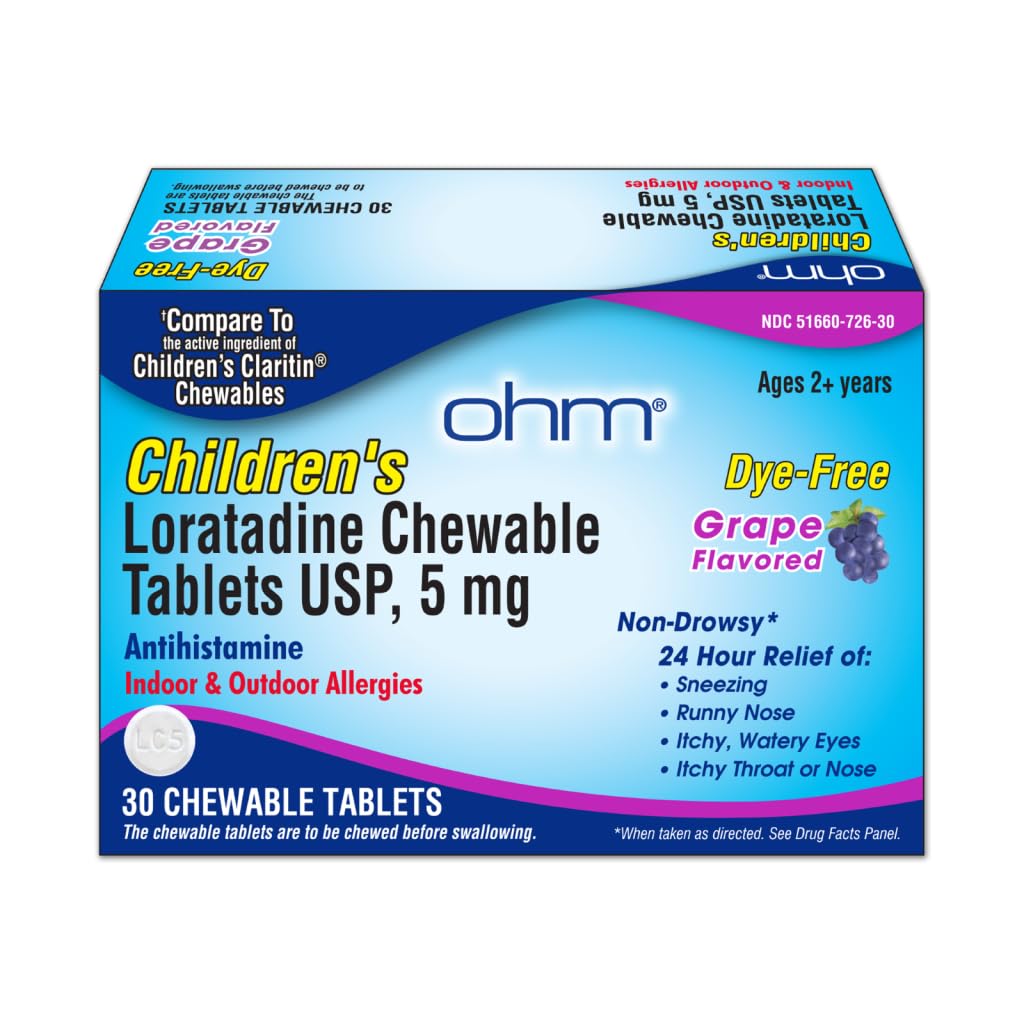 Ohmの子供のLoratadineのアレルギーのChewableのタブレット - 染料の自由、ブドウの味、非眠気24時間の救助、屋内及び屋外のアレルギーのためのAntihistamine - 30のタブレット