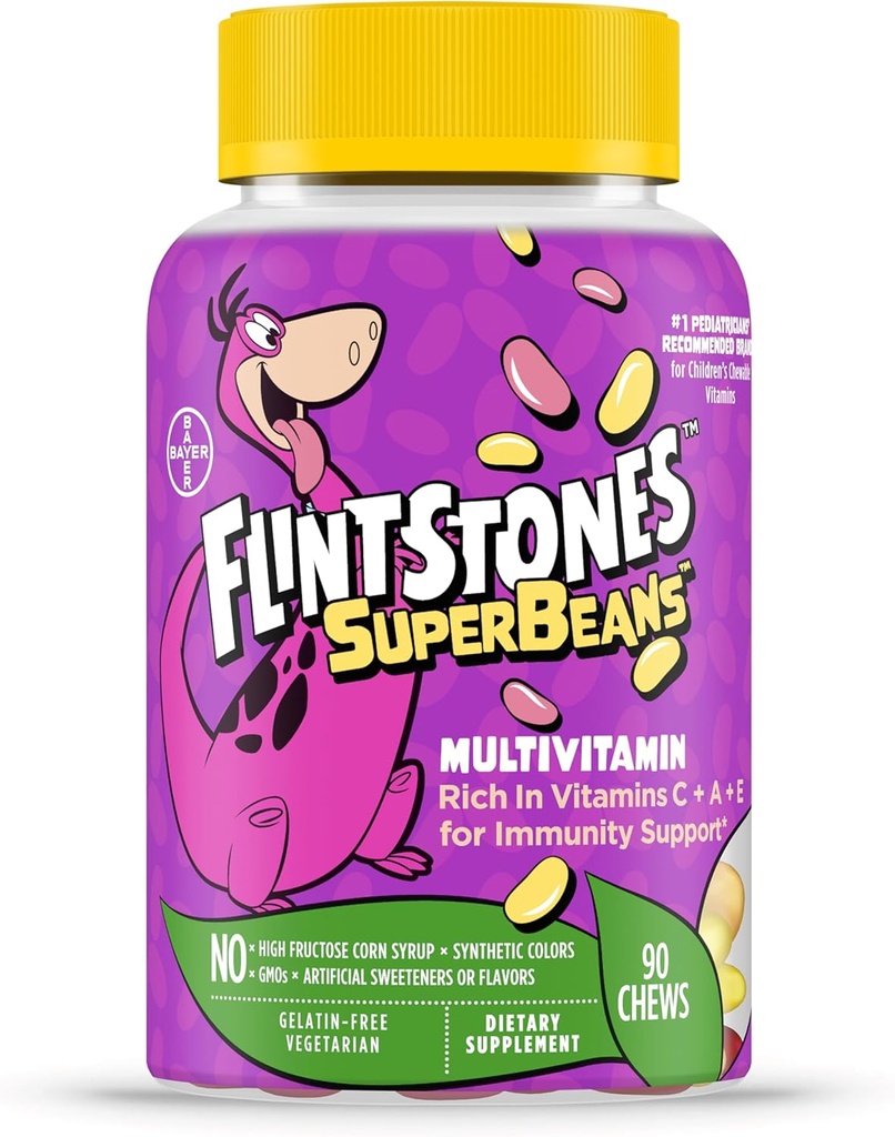 FlintstonesのビタミンのSuperBeans、ビタミンA、D、Iodine&Zincとの免疫サポートの子供Multivitaminは健康な成長、フルーツの味付け、Vegetarian、Jelly豆の咀嚼、90の計算を支えます(包装は変わるかもしれません)