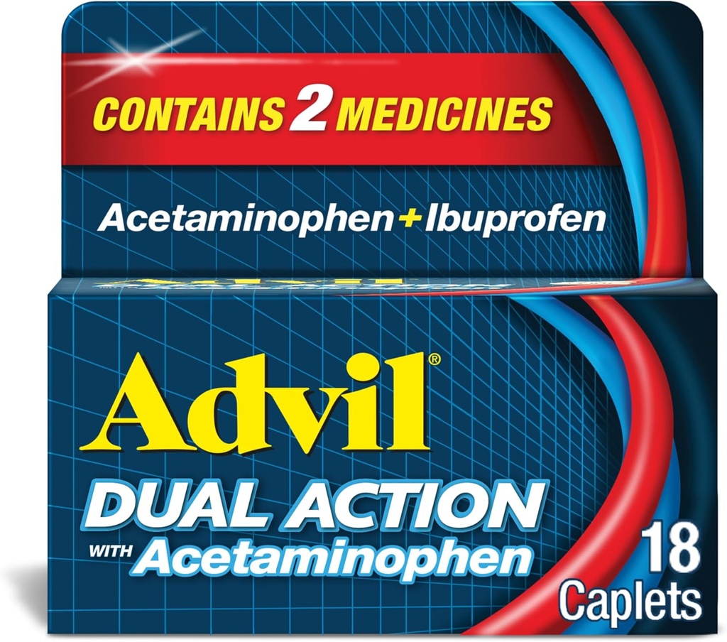 Advilの二重行為はアセテートアミノフェン、125mg Ibuprofenおよび8時間の痛みの軽減のための250mg Acetaminophenのカプレット- 18の計算が付いているカプレットに塗りました