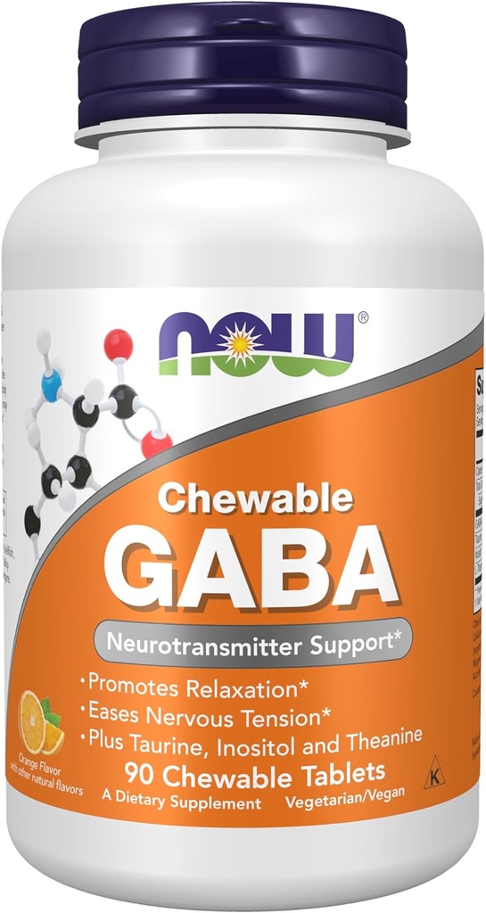 NOW Foods Supplements, GABA (Gamma-Aminobutyric Acid), Neurotransmitter Support*, Orange Flavor, 90 Chewables