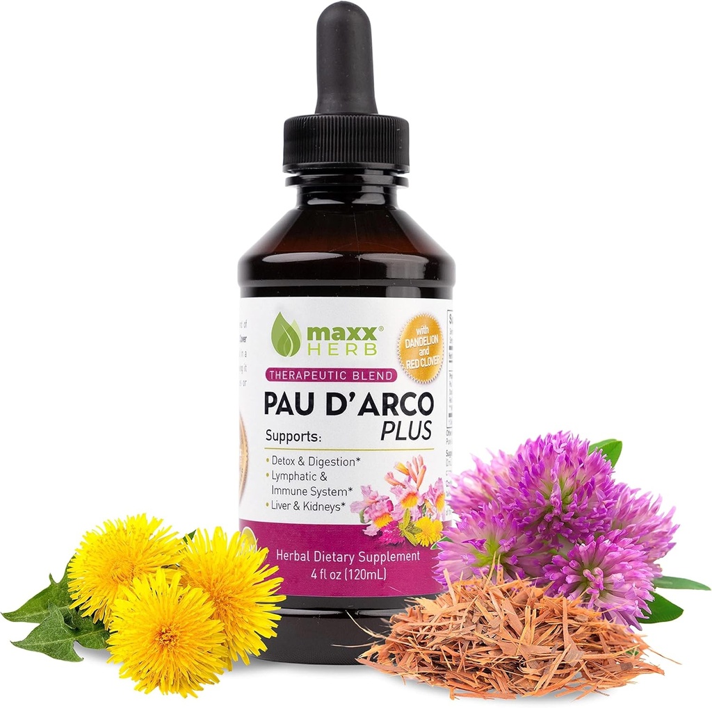 Maxx Herb PAU D'Arco エキスと Dandelion Root & Red Clover Therapeutic Blend, PAU Darco Tincture は Taheebo Tea や Capsules よりも優れています, 免疫サポート用 - 4 Oz ボトル (60 サービング)