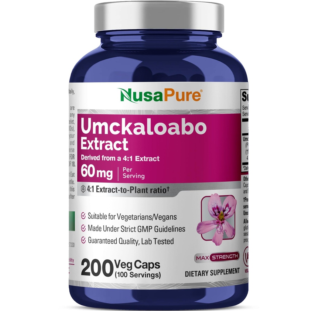NusaPure Umckaloabo 4:1 エキス, 60 mg 相当 240 mg Veggie キャップ 200 カウント (非GMO, ビーガン)