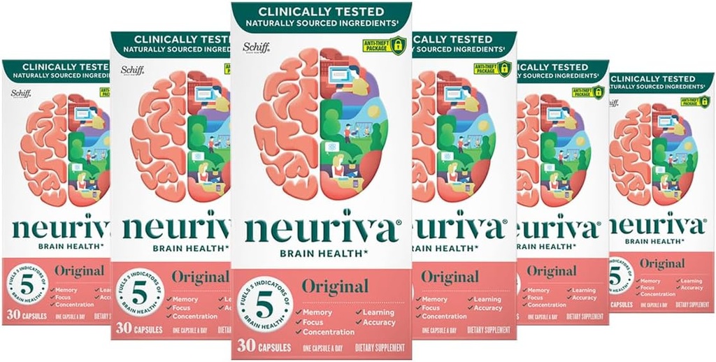 NEURIVA オリジナル ブレイン メモリ、フォーカス&集中力 + 臨床的にテストされた Nootropics Phosphatidylserine と Neurofactor、カフェイン無料、30 カプセル(6パック)