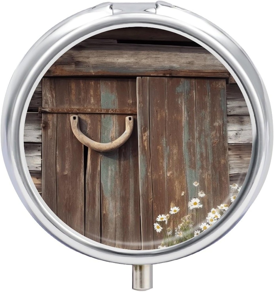 円形の金属の丸い箱、Rusticのホースシュー・バーンの木の印刷された旅行丸薬のオルガナイザーの携帯用丸薬の容器のPill箱およびビタミン、薬および補足を貯えるためのポケット