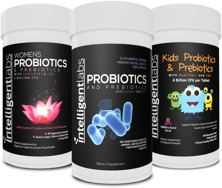 Intelligent Labs 3-in-1 Probiotics with Prebiotics Bundle for The Whole Family: Kids + Adult 50 Billion CFU + Women’s Probiotics, No Refrigeration Needed, 2 Months Supply Per Bottle