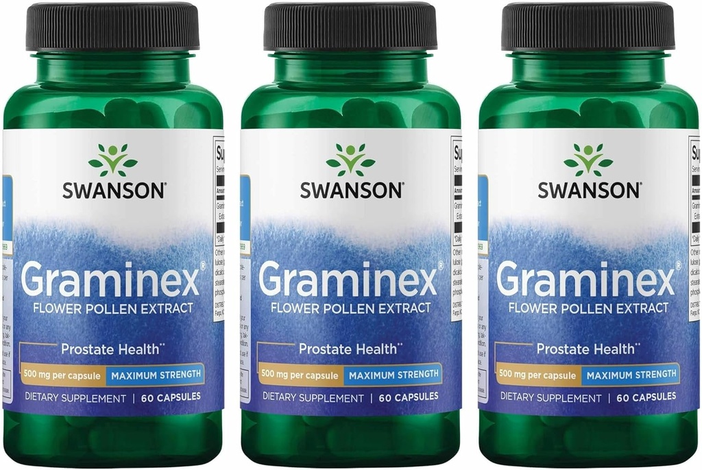 Swanson Maximum Strength Graminex Flower Pollen Extract - Supports Prostate Health, Urinary Tract Function & Kidneys - Mens Health Supplement - (60 Capsules, 500mg Each) (3 Pack)