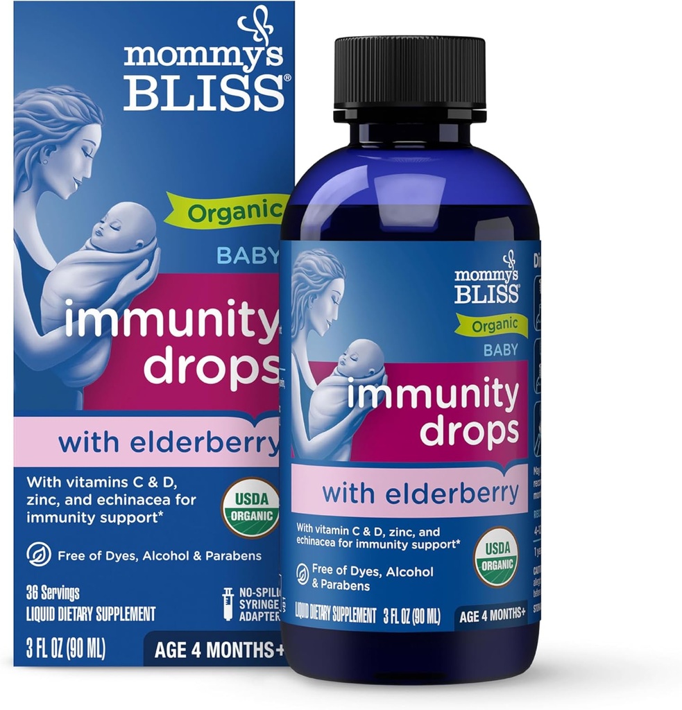 Mommy's Bliss Organic Baby Elderberry Drops、ビタミン、プレバイオティクス、亜鉛&オーガニックエキナセア、年齢4ヶ月+3 Fl Oz(36人)