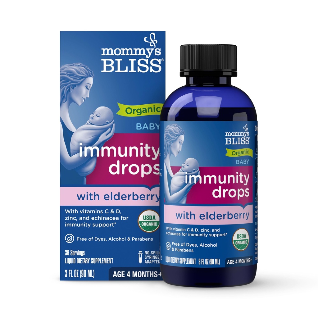 Mommy's Bliss Organic Baby Elderberry Drops、ビタミン、プレバイオティクス、亜鉛&オーガニックエキナセア、年齢4ヶ月+3 Fl Oz(36人)