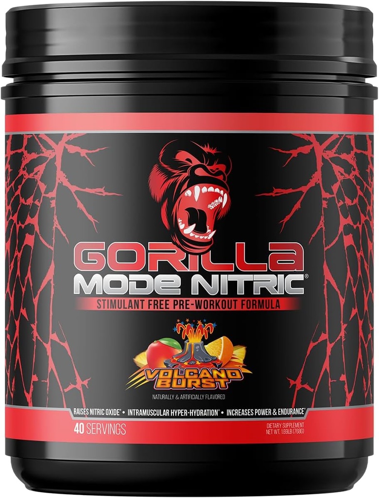 Gorilla Mind - Gorilla Mode Nitric Upgraded Stimulant Free Pre-Workout – Best Tasting and Most Effective Stimulant Free Pre-Workout/Massive Pumps · Vasodilation · Power / 768 Grams (Volcano Burst)