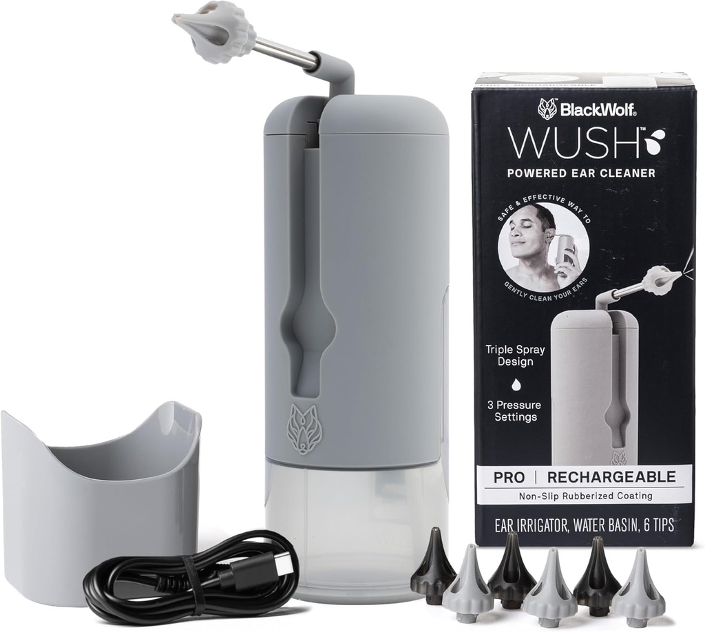 ブラックWolfによるWush Pro - 元のデラックスウォーターパワードイヤークリーナー、ブラックWolfによる6再利用可能な交換のヒント - イヤーワックスビルドアップのための安全で効果的 - イヤーワックス除去キット(グレー)