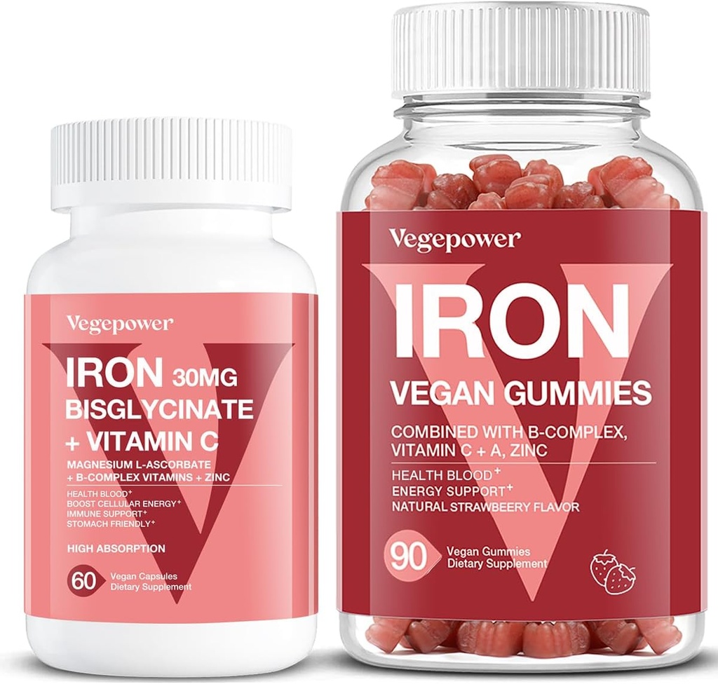 Vegan Iron Gummies Strawberry Plus Iron Bisglycinate 30MG | Vegan Iron Supplement Support for Blood Healthy & Daily Energy for Adults & Kids - 90 Count+60 Count