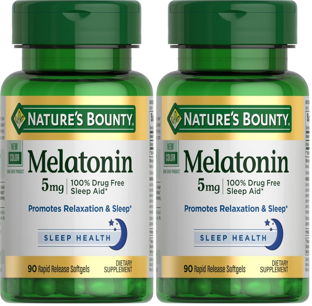 Nature's Bounty Melatonin、100%薬物無料睡眠補助金、栄養補助食品、リラックスと睡眠健康を促進、5mg、90 Softgels(パッケージ2)