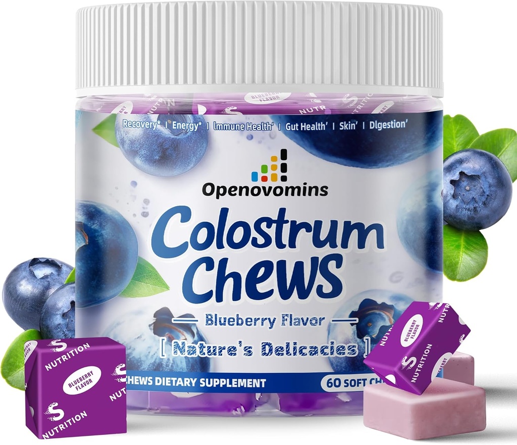 Bovine Colostrum Soft Chewsは、Gut Health、Bloating、免疫サポート、皮膚、毛の成長と美のためのプロバイオティクスとサプリメント - Blueberry Flavor(60のサービング)