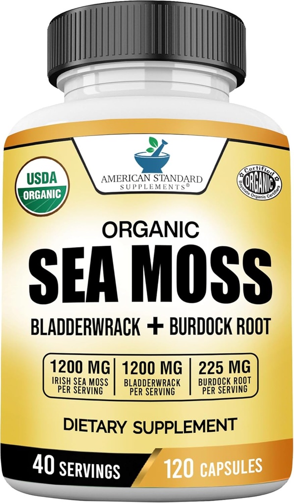 アメリカ規格は、有機海苔、Bradderwrack&Burdock Rootカプセルを補います - 1200mg Seamos、1200mg Bladderwrack、225mgバードックルートパーサービング - 120カプセル、40サービング