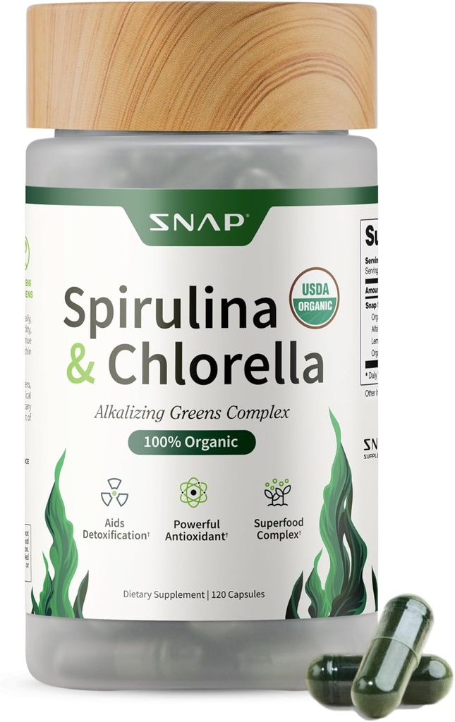 Snap Supplements Organic Spirulina and Chlorella - Protein Rich Blue Green Algae Superfood Supplement for Energy and Immune Support, 120 Vegetarian Capsules (30 Servings, 1 Month Supply)