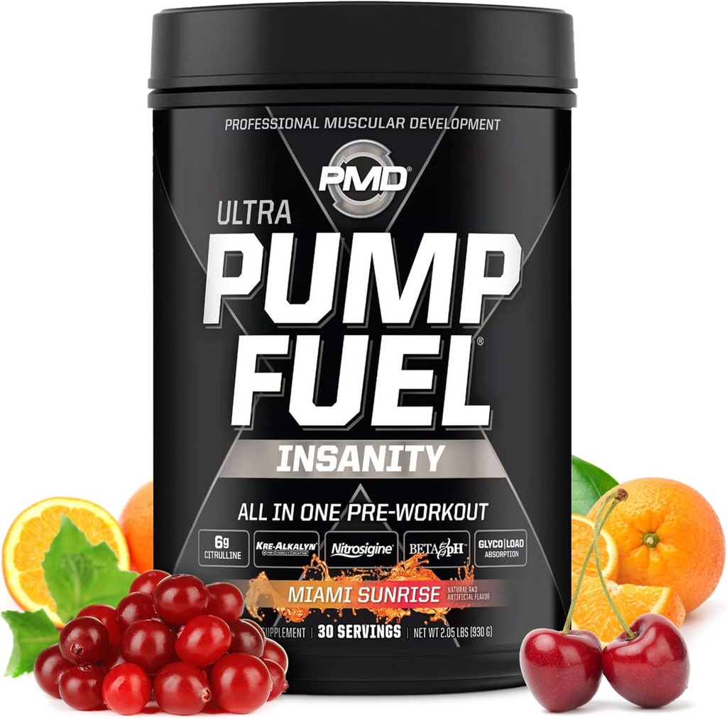 PMD Sports Pump Fuel Ultra Insanity - Premium Pre Workout Powder & Muscle Pump, Greater Focus, Endurance & Recovery, Premium Creatine, Arginine & Beta Alanine - Miami Sunrise (30 Servings)