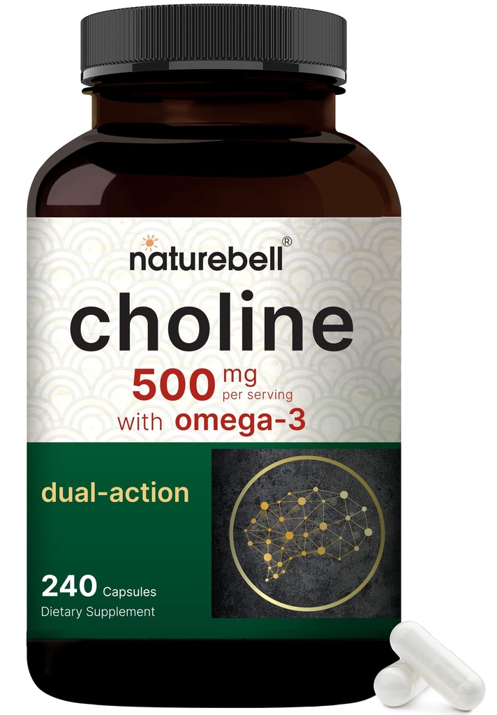 NatureBellのコリンはオメガ3脂肪酸、240カプセルと500mgを補います  高効力コリンBitartrate - 妊娠中の出生サポート - エネルギー、肝臓、脳、および認知健康を促進します