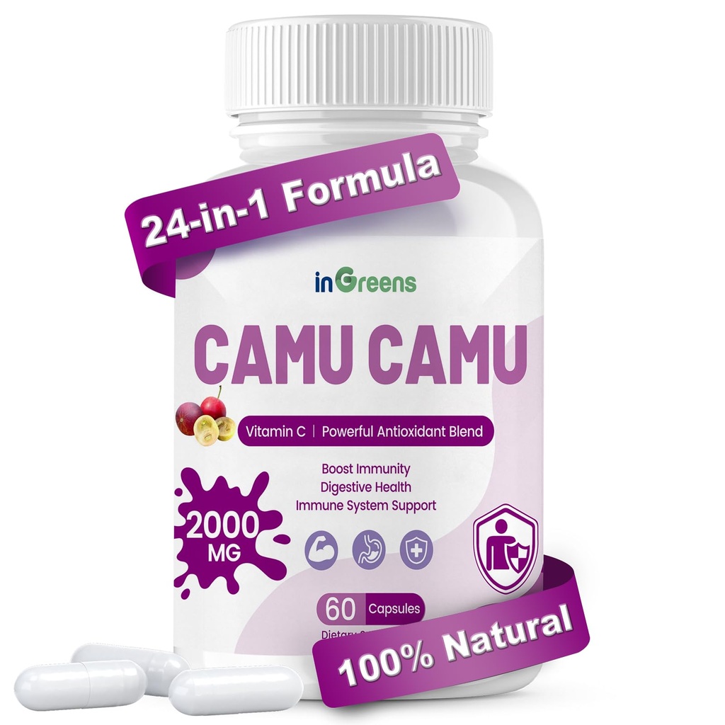 有機カミュウカプセル2000mg | 高自然ビタミンC、強力な抗酸化ブレンド | 60カプセル、非GMO、グルテンフリー、免疫サポート&皮膚健康