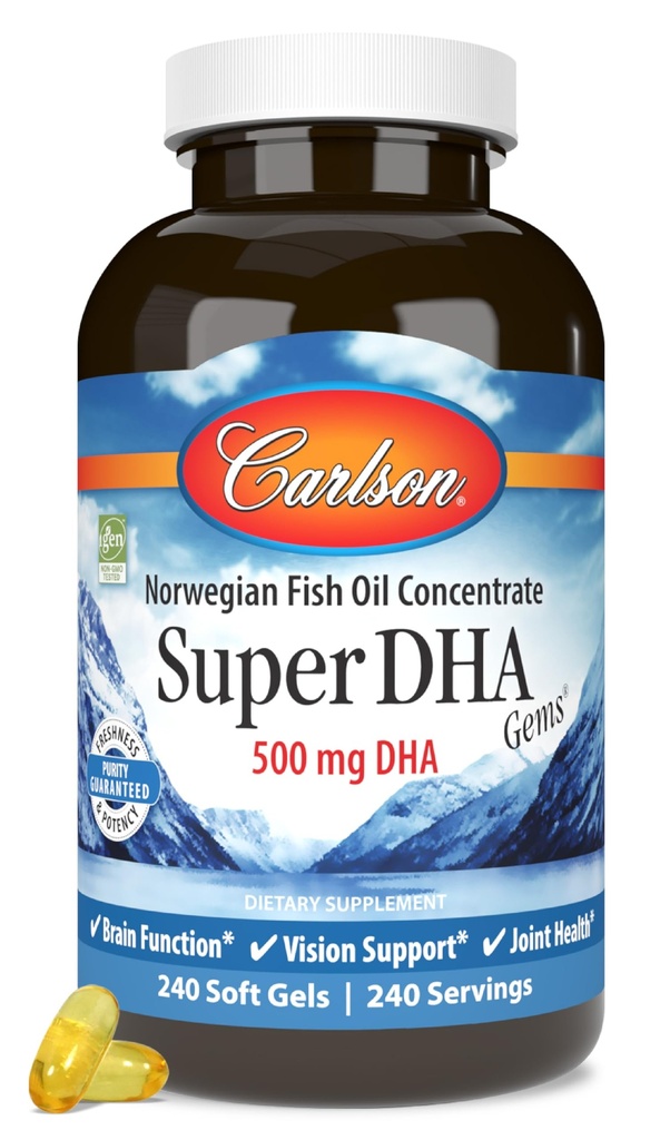 カールソンスーパー DHA 宝石 - 500 mg DHA サプリメント, 640 mg 脂肪酸, ノルウェーの魚油濃縮物, ワイルドキャッチ, 持続的に供給された魚油カプセル, 240 ソフトゲル