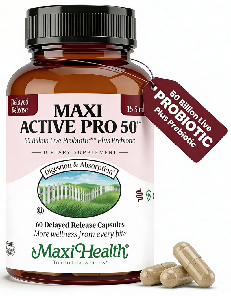 Maxi Health Probiotic Plus Ultimate Prebiotic Advanced Live Probioticsフォーミュラ - 50 Billion Live Active Probiotic - 15 Strains - Ultra Protection - Active Pro-50-60 カウント